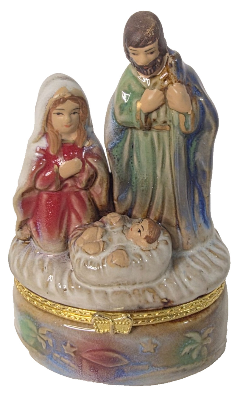 Vintage Porcelain Nativity Holy Family Hinged Trinket Box Mary Joseph Baby Jesus